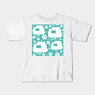 Daisy Polka Dot Vintage Caravan Pattern in Turquoise and White Kids T-Shirt